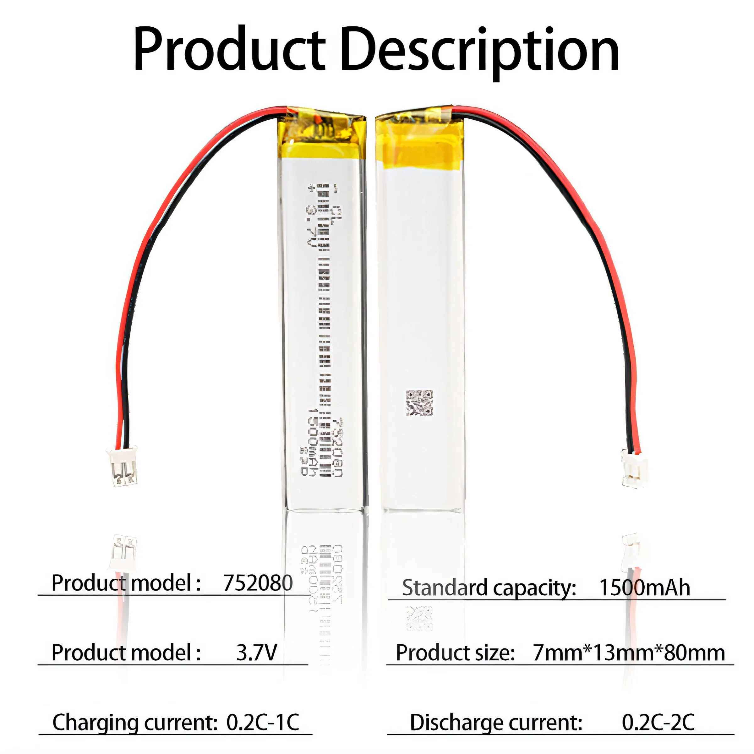 1500mAh 3.7V 752080 Lithium Polymer Li-ion Battery for Toy GPS, MP3, MP4 Speaker, Card Reader, Camera Battery Replacement.