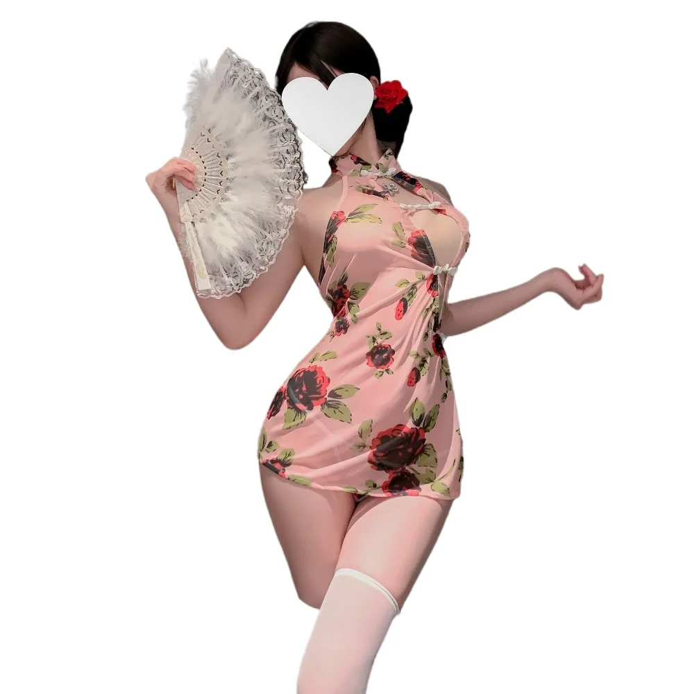 

Chinese Style Cheongsam Dress Lace Perspective Qipao Tradition Seductive Wrap Hip Skirt Sexy Lingerie Erotic Bar Party Sleepwear