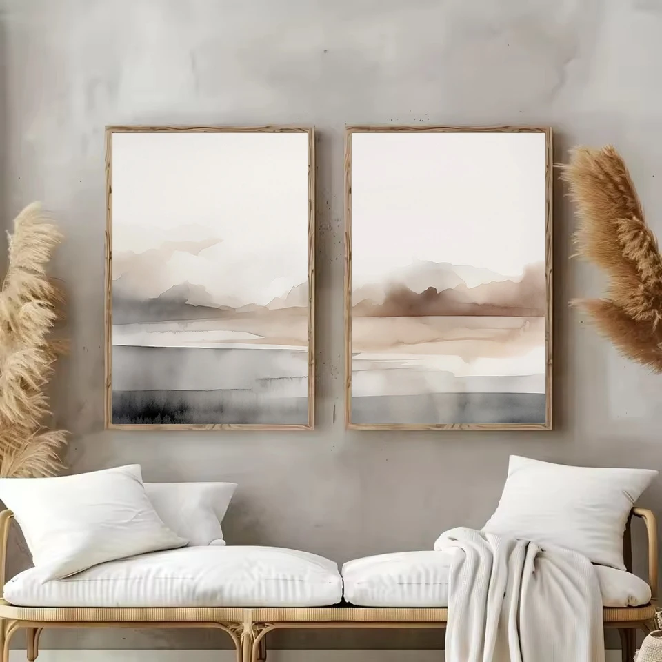 Scandinavian Watercolor Neutral Landscape Abstract Line Minimalist Poster Canvas Painting Wall Art Pictures Home Bedroom Decor