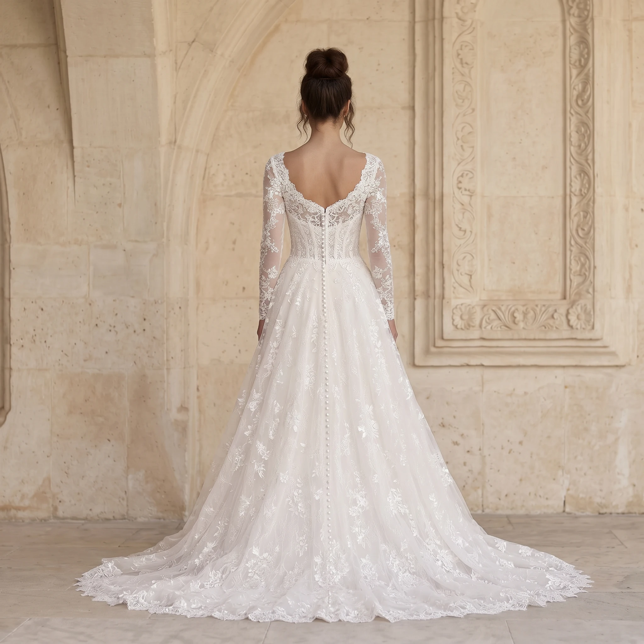 Long Sleeve Sweetheart A Line Lace Wedding Dress Corset Bodice Pearl Button Back Lace Hem Chapel Train Bridal Gown