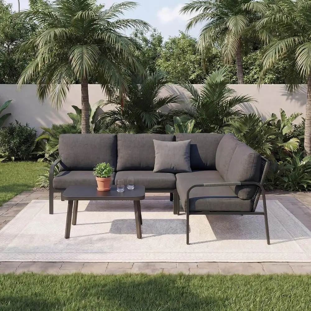 

2-Seat Outdoor Sofa Set with Coffee Table, Weather-Resistant Metal, Ideal for Patio, Garden, Balcony, Beige (Grey Sofa Set)