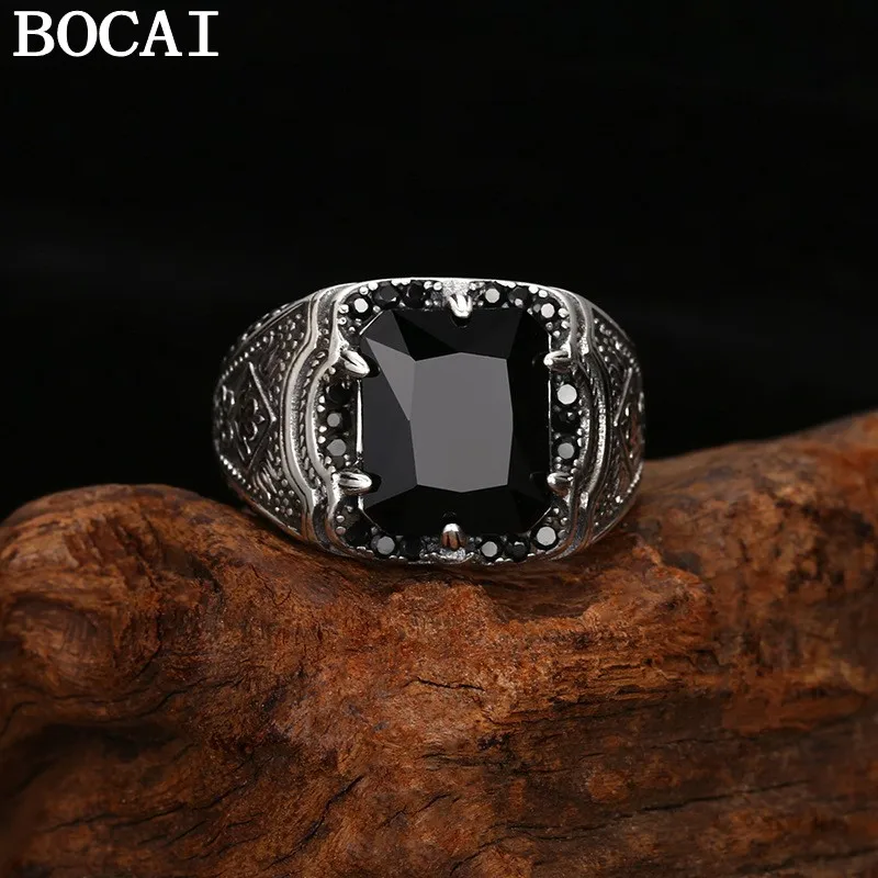 

BOCAI НОВОЕ кольцо из стерлингового серебра S925, винтажное индивидуальное резное кольцо с черным агатом, мужской стиль
