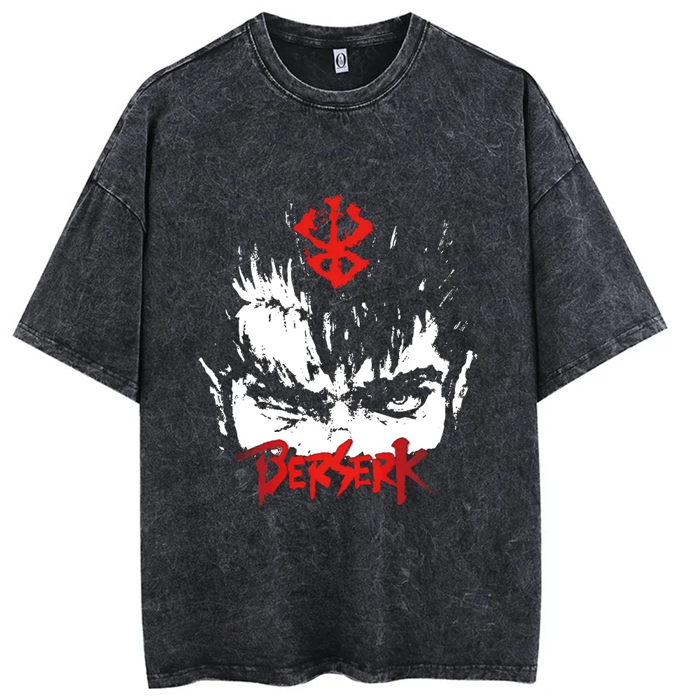 New Anime Berserk Logo Graphic Printed T Shirt Men Women Vintage Manga T-shirts Washed Cotton Tshirt Harajuku Male Oversized Tee