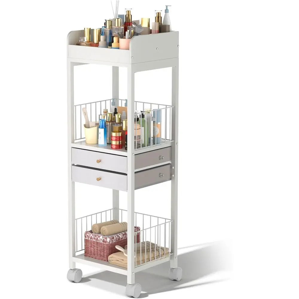 

Тележка-органайзер для косметики, передвижной напольный органайзер для ухода за кожей с 2 ящиками, органайзер для туалетного столика, подставка для косметики