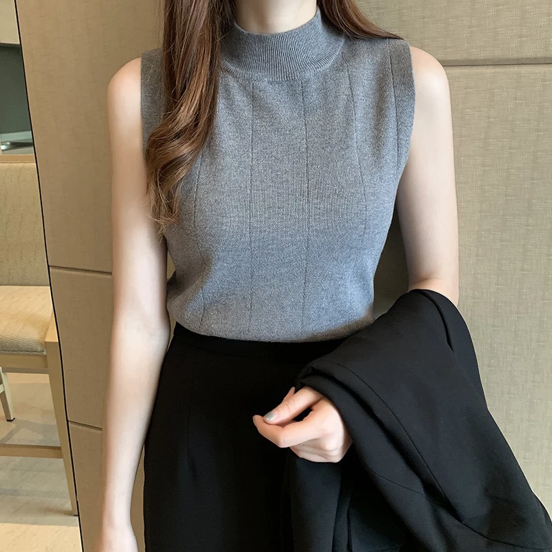 Fashion Knitted Tank Tops For Women Girls Summer Thin Solid Color Tops Basic Casual Tank Tops Turtleneck Sleeveless Tops