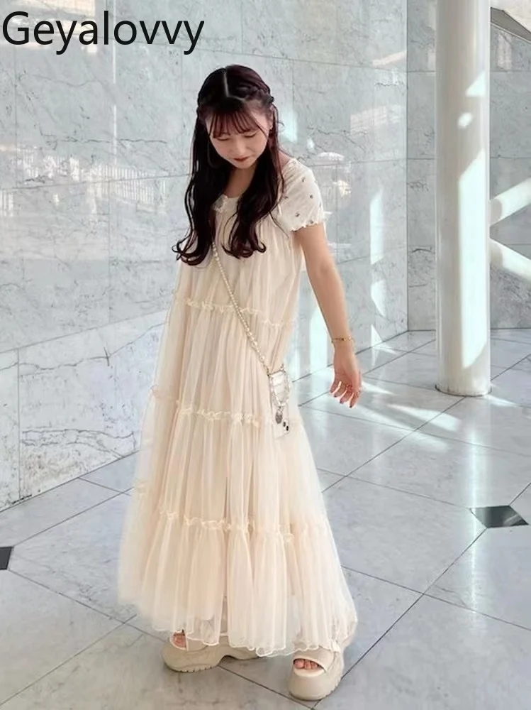 Estilo japonês em camadas primavera outono vestidos femininos 2025 nova moda casual elegante longo estilingue vestido para senhora verão