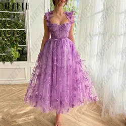 JEHETH Lavender Butterfly Prom Dress Sleeveless Sweetheart Tulle A-Line Party Gowns Spaghetti Straps Ankle Length Embroidery