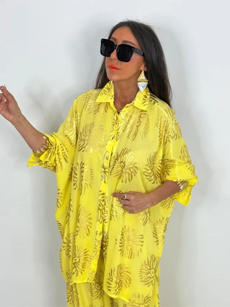 

Женский модный свободный комплект из 2 предметов с принтом, рубашка большого размера, брюки, осень-весна, новый топ с длинными рукавами, широкий брючный костюм, женская одежда