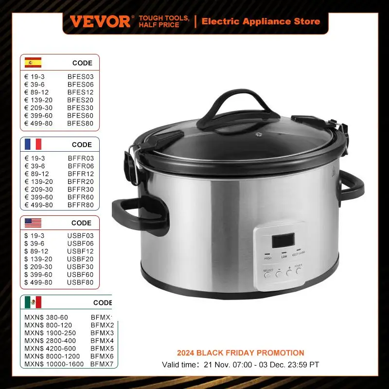 VEVOR Slow Cooker Digital Slow Cookers Locking Lid Ceramic Inner Pot for Home/Commercial Use