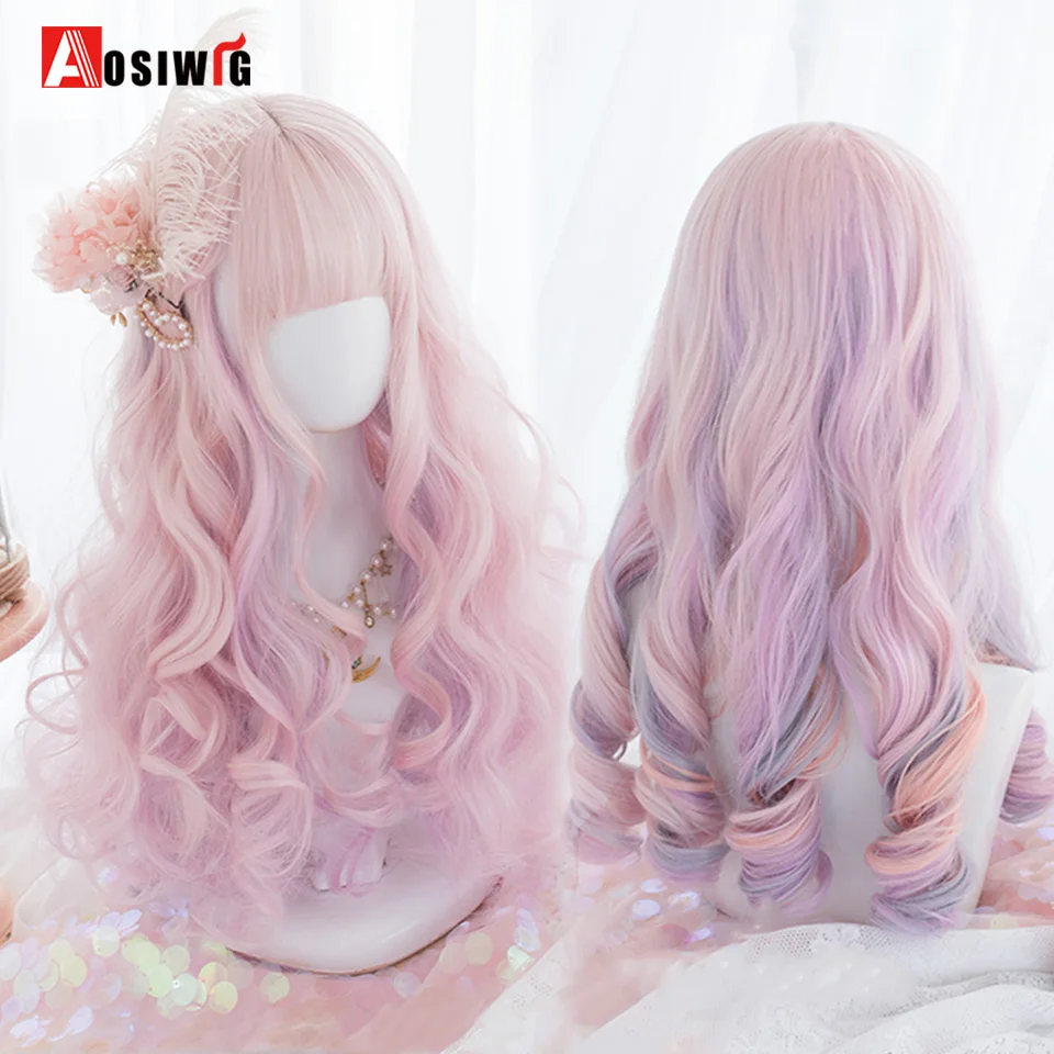 

AOSIWIG Synthetic Wig Long Ombre Pink Wigs Natural Wavy Heat Resistant Fiber for Women Halloween Cosplay Lolita Daily Wig