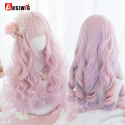 AOSIWIG Synthetic Wig Long Ombre Pink Wigs Natural Wavy Heat Resistant Fiber for Women Halloween Cosplay Lolita Daily Wig