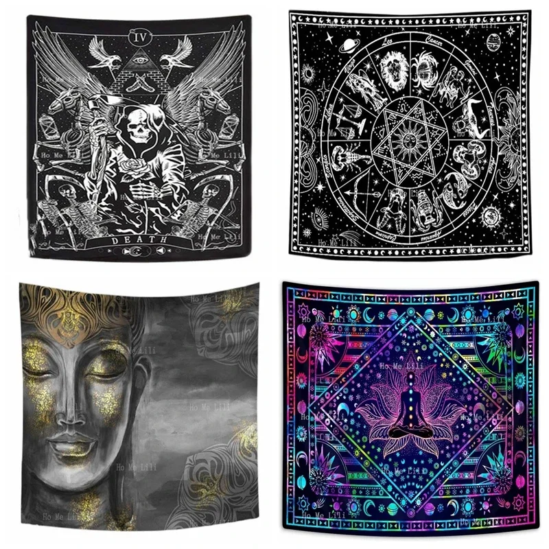 Цветок Скелет Смерть Таро Зодиак Астрология Семь Чакр Будда Духовная Медитация Мандала Хиппи Тай-краситель Фиолетовый Гобелен