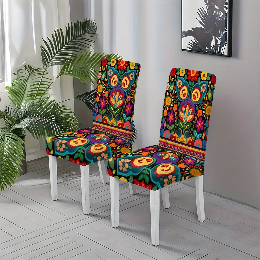 2/4/6pcs Boho Mexican Folk Art Dining Chair Slipcover, Stretch Removable Seat Protector
