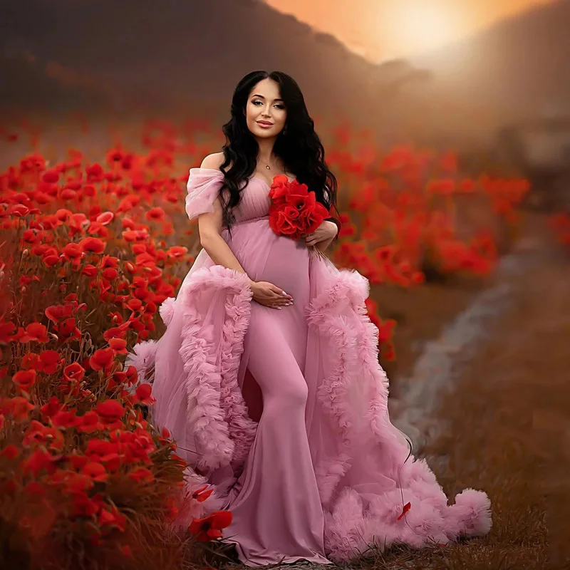 Fluffy Pink Tulle Maternity Robes for Photo Shoot Off Shoulder Tiered Ruffles Pregnant Women Dress Sexy Babyshower Gown