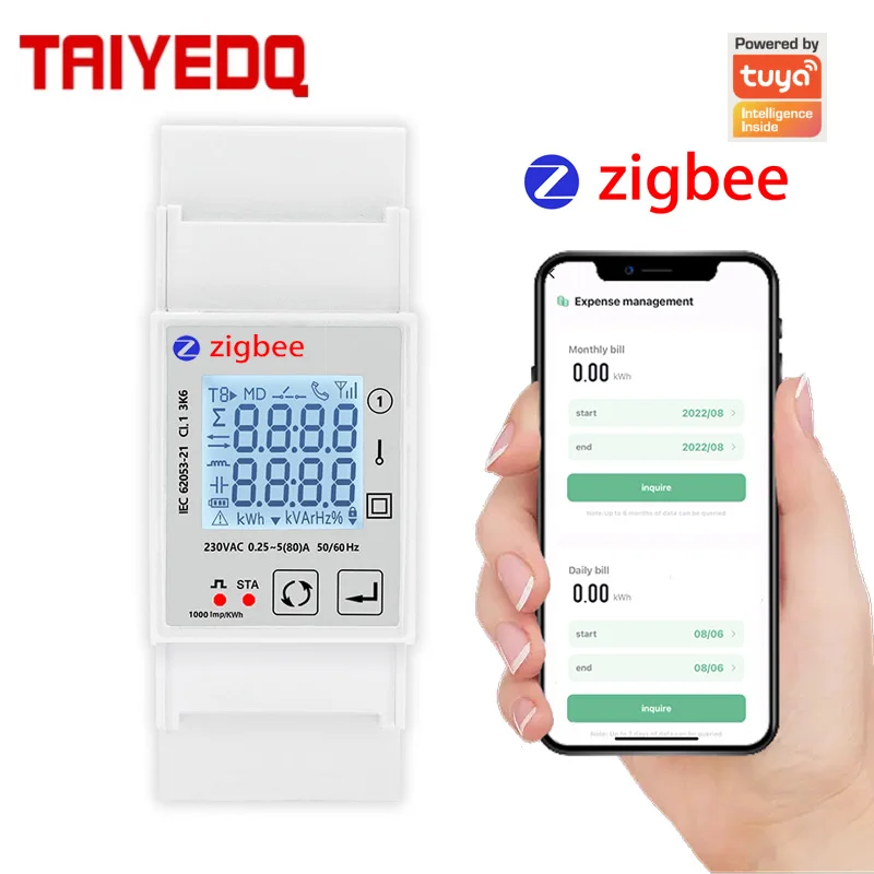 Smart ZigBee Energy Meter Single Phase 80A Din Rail Power Monitor KWh Wattmeter Voltmeter Ampermeter 110V 230V 50/60Hz