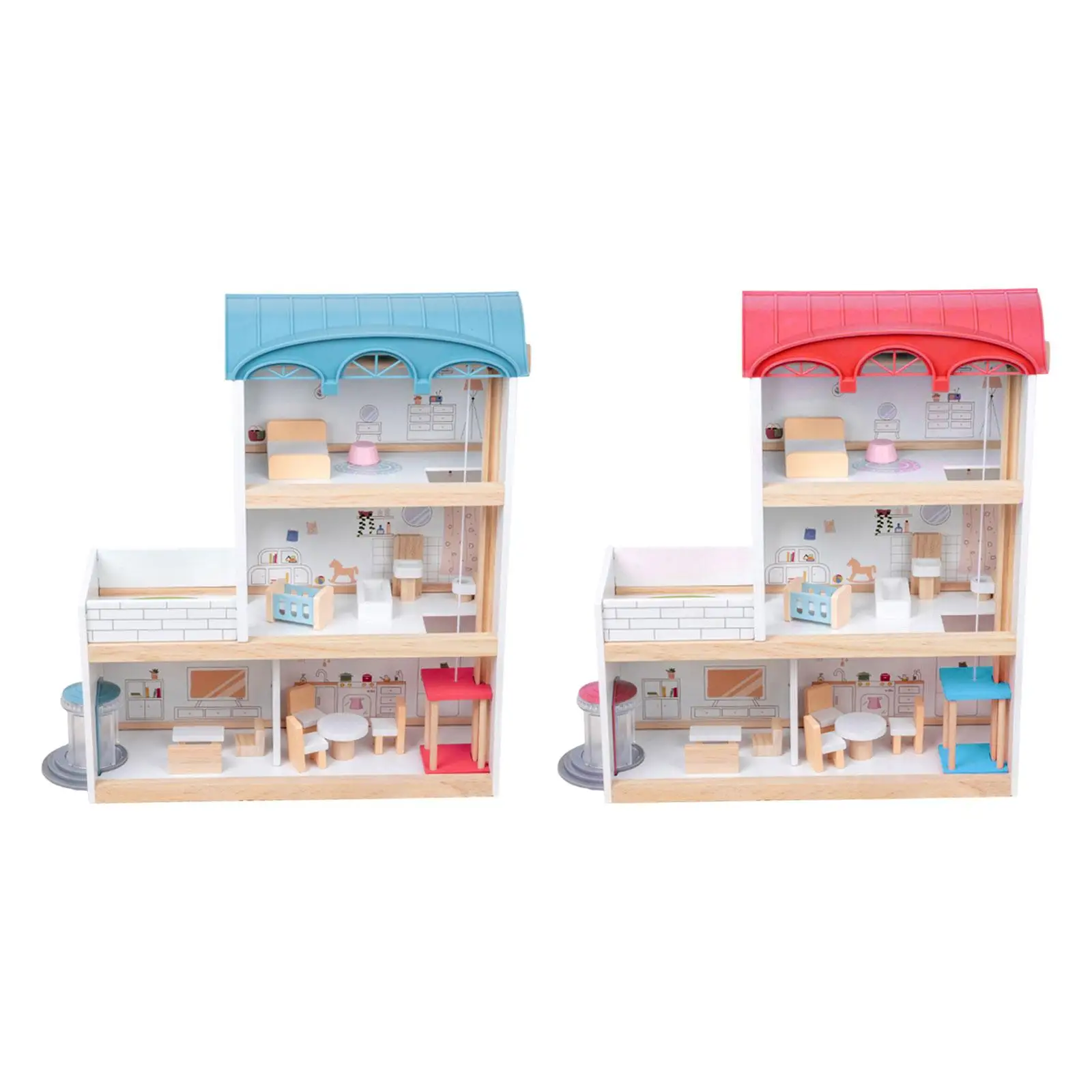 Wooden Dollhouse European Style House with Furnitures 3 Storey Playset Craft