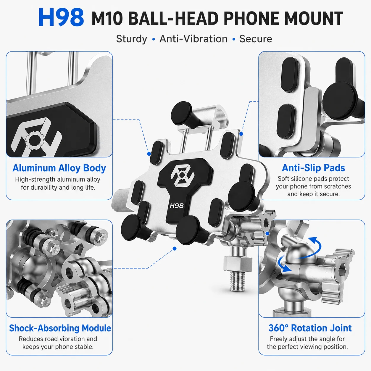 Motorcycle Phone Holder Aluminum Alloy M10 Mirror Mount Shockproof Phone Stand 360° Rotation GPS Navigation Bracket
