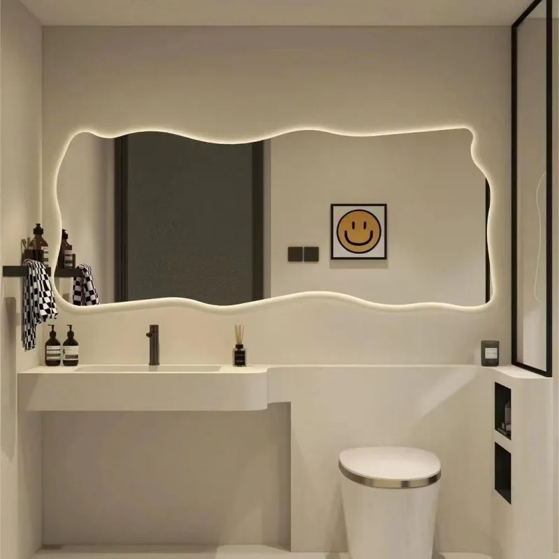 r*-Wall Shower Mirror Long Funky Cute Light LED Luxury Wavy Irregular Mirror Accessories Asymmetrical Spiegels Home Decorations