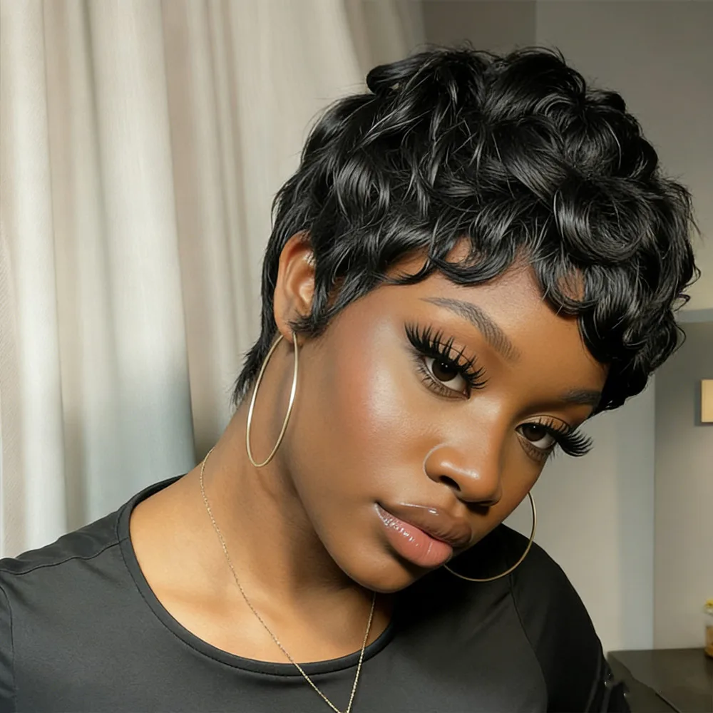 

pixie cut hair wig black color curly short human hair wig machine made human hair wigs for women pixie wig
