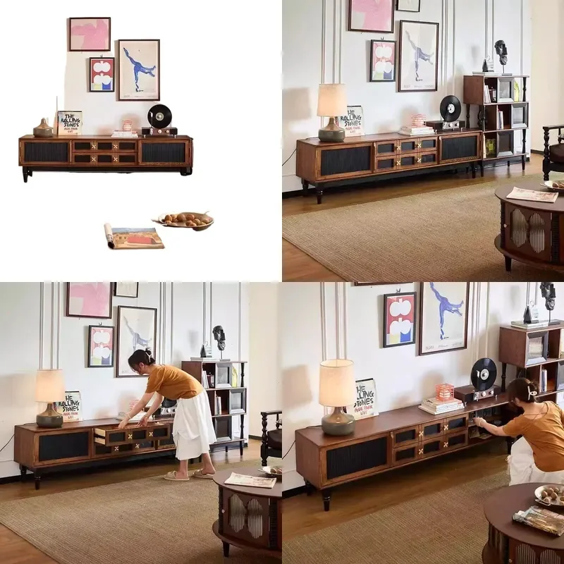 French Retro Solid Wood TV Cabinet Ash Wood Living Room Storage Unit Medium Antique Audio Visual Console Contrasting Color
