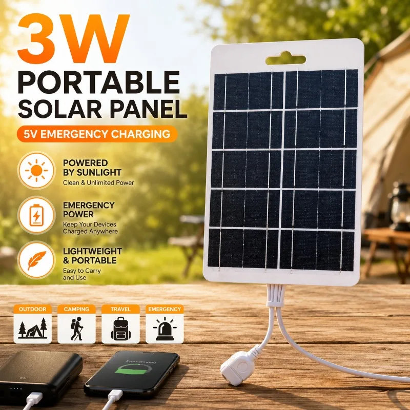 3W 5V Solar Panel Charger Portable Monocrystalline Board Outdoor Emergency Power for Camping Garden Lights Phone Charging Kit