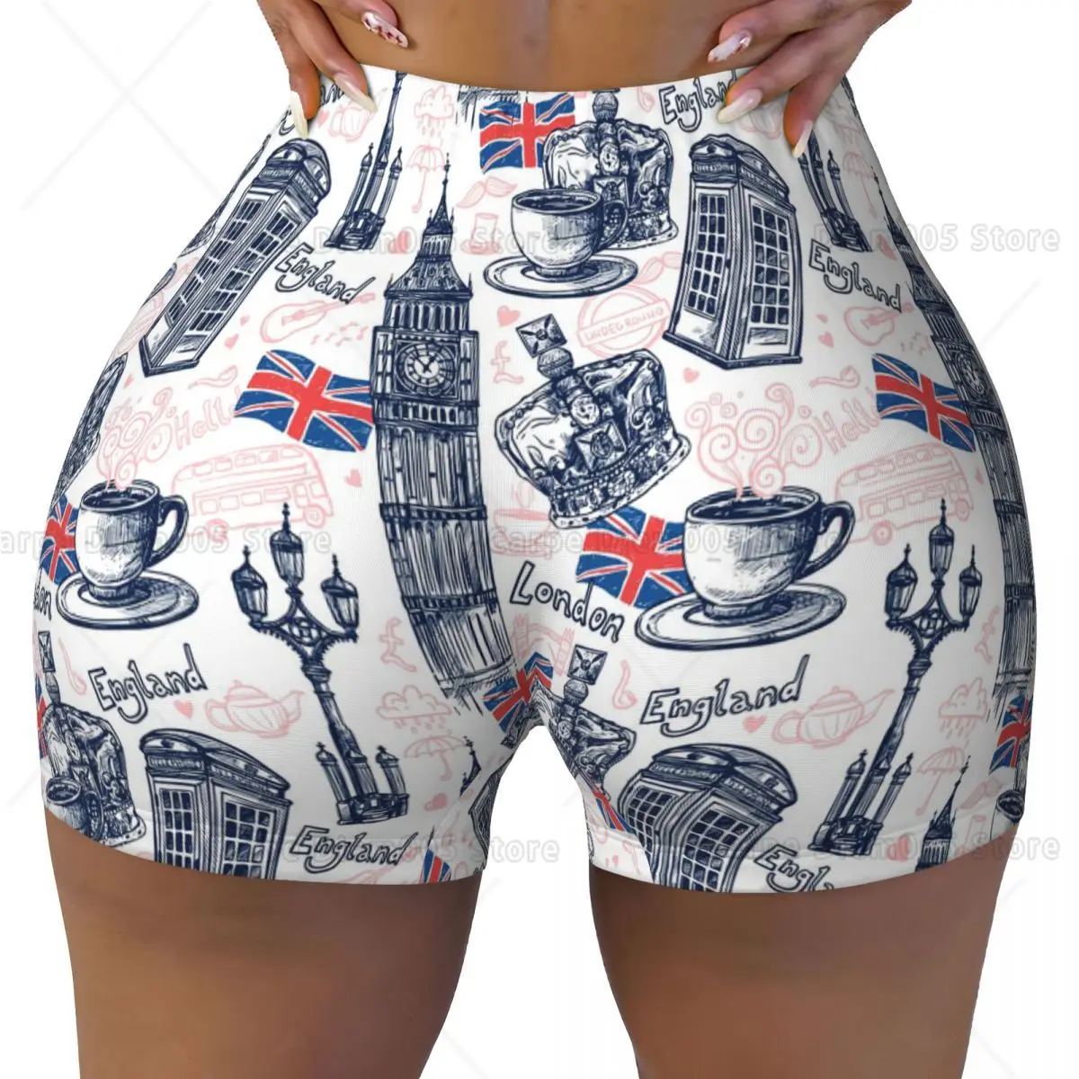 Print Workout Shorts for Women England London Design Short Gym Yoga Running Sport Active Exercise Fitness Shorts