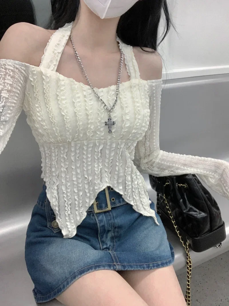 2025 Blouse femmes Slash cou à manches longues tunique chemises mode plis irréguliers culture hauts été Blouses Sexy 2025 Blusas De Mujer