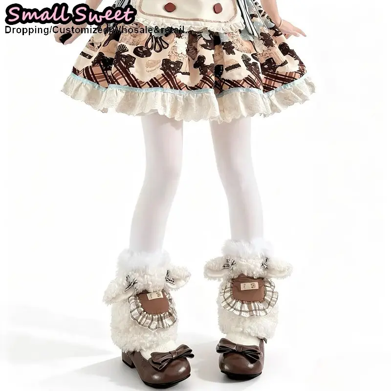 

Kawaii Autumn/Winter Lolita Apron with Curly Fleece Leg Warmers Layered with Fluffy Mid-Calf Socks Cute Warm JK Leg Covers