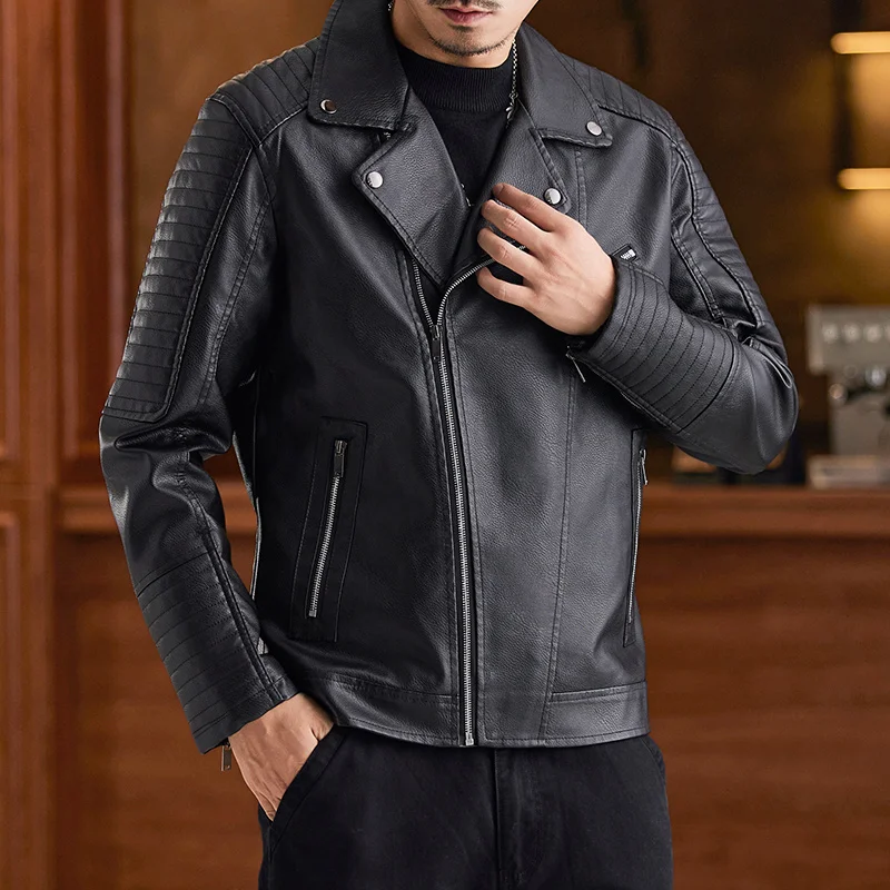 

Мужская модная кожаная куртка в корейском стиле с воротником-стойкой, на косой молнии, приталенного кроя, универсальная, для езды на мотоцикле