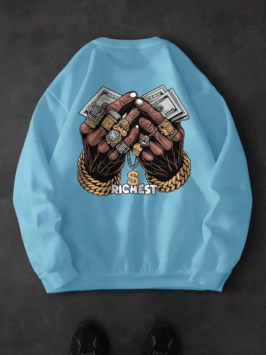 

Men's Light Blue Crewneck Sweatshirt with Graphic Hands Design, Casual Long Sleeve Top for Fall