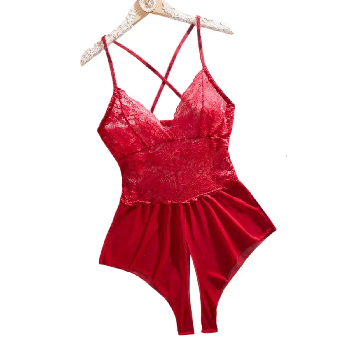Exotic Red Lace Crotchless Teddy For Women, Sheer Babydoll Bodysuit, Sexy Nightgown Lingerie 2026 Hot Underwear