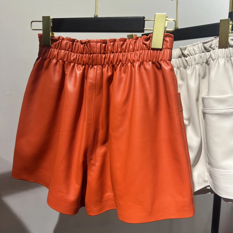 Pantalones cortos informales de piel auténtica para Mujer, Shorts blancos con bolsillos grandes, cintura elástica, Sexy, 2022