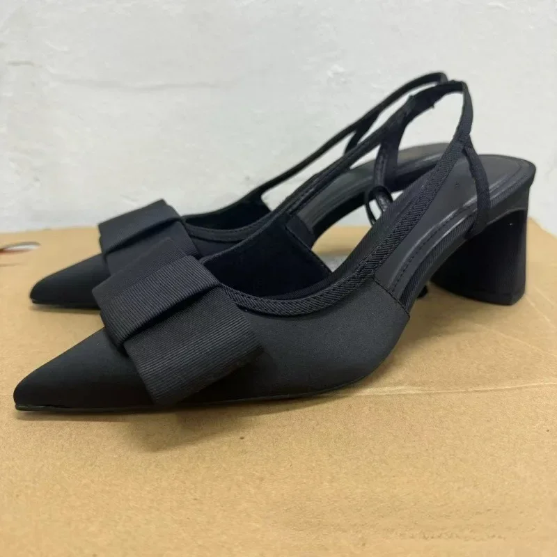 2026 Black Pointed Bow Women\'s Elegant High Heels Shoes Luxury Designer Big Size Autumn Office Slingbacks Fashion Ladies Pumps