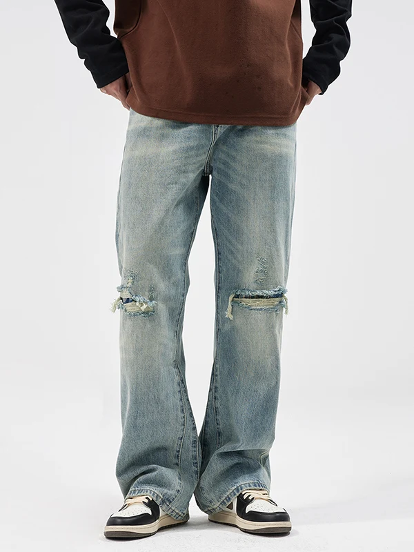 

Retro American Hole Denim Jeans Men's High Street Loose Straight Leg Micro Flared Pants Trendy Casual Long Trousers