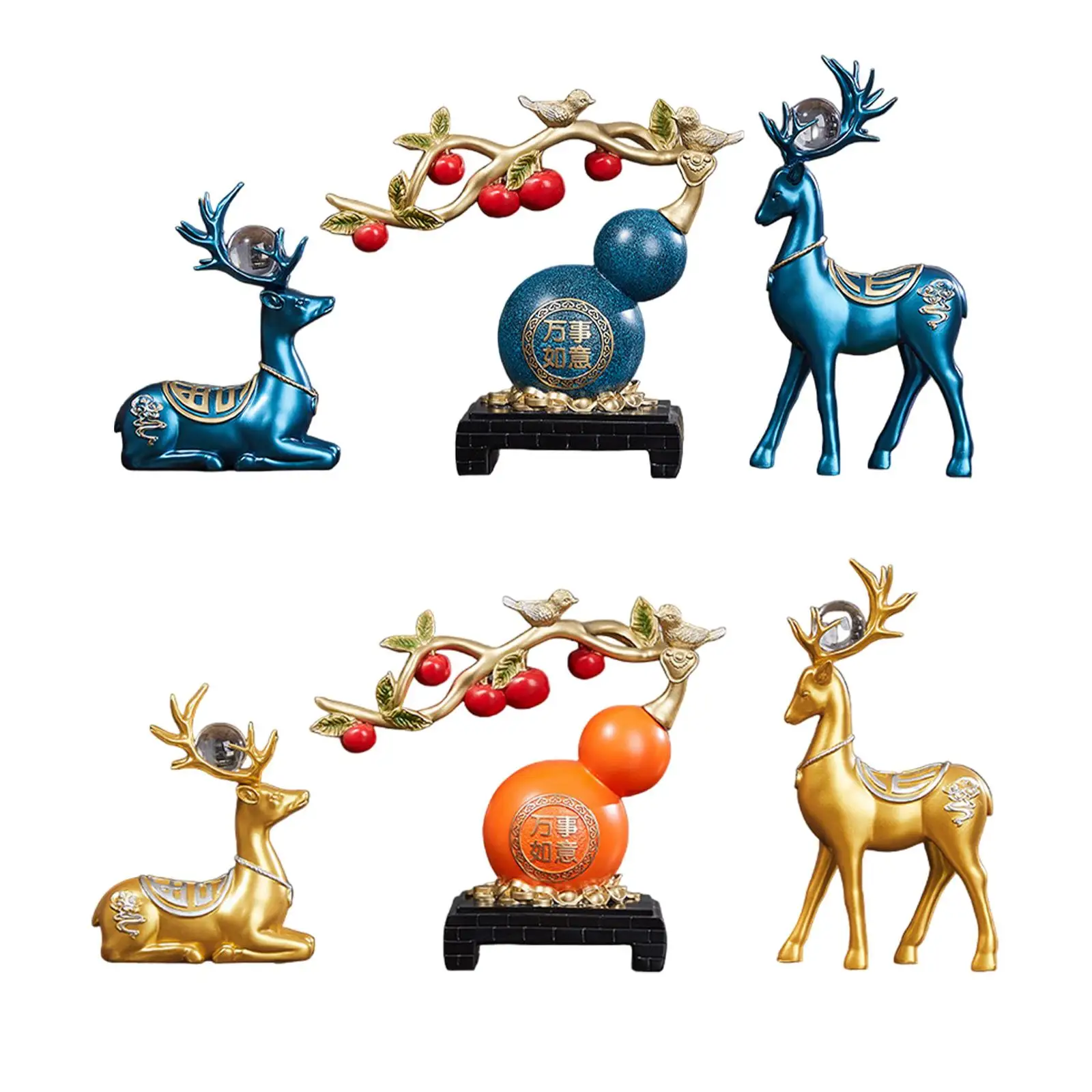 

3x Gourd Deer Statues Set Collectible Elk Art Crafts Prosperity Sculptures for Table Centerpiece Office Cabinet Shelf Bedroom