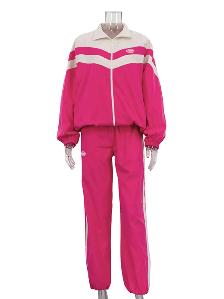 Mueyaruho Women 2026 Autumn Winter Y2K Vintage Striped Tracksuit 2 Piece Sets Outfits Oversized Windbreaker Jogger Pants Set