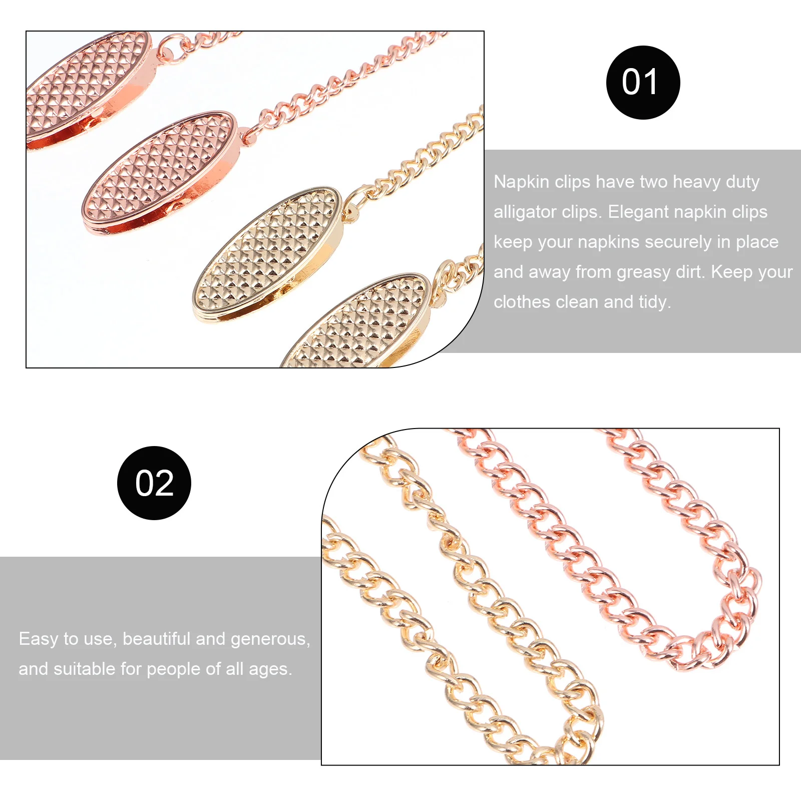 

2 шт., цепочки для салфеток, сверхмощные зажимы типа «крокодил», защита от жира и грязи, легко носить с собой, карманный размер, зажимы для салфеток, держатель нагрудника