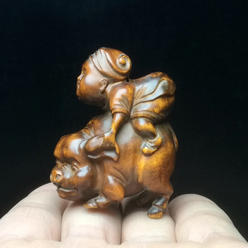 

1919 Antique art Size 2 inch Old Japanese Boxwood hand carved lovely ride pig boy Statue Netsuke Gift