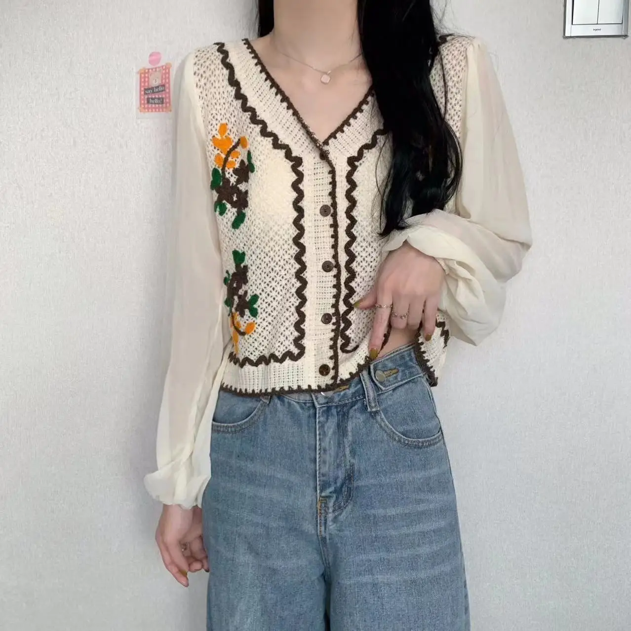 Floral Embroidery Crochet Top with Long Sleeve Button Front Blouse Women Spring Summer Boho Vacation Outfit