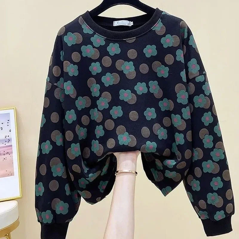 ฤดูใบไม้ร่วงแฟชั่นอเนกประสงค์อินเทรนด์พิมพ์รอบคออินเทรนด์หลวมขนาดใหญ่สไตล์ต่างประเทศ Slim ผู้หญิงแขนยาว Casual Sweate