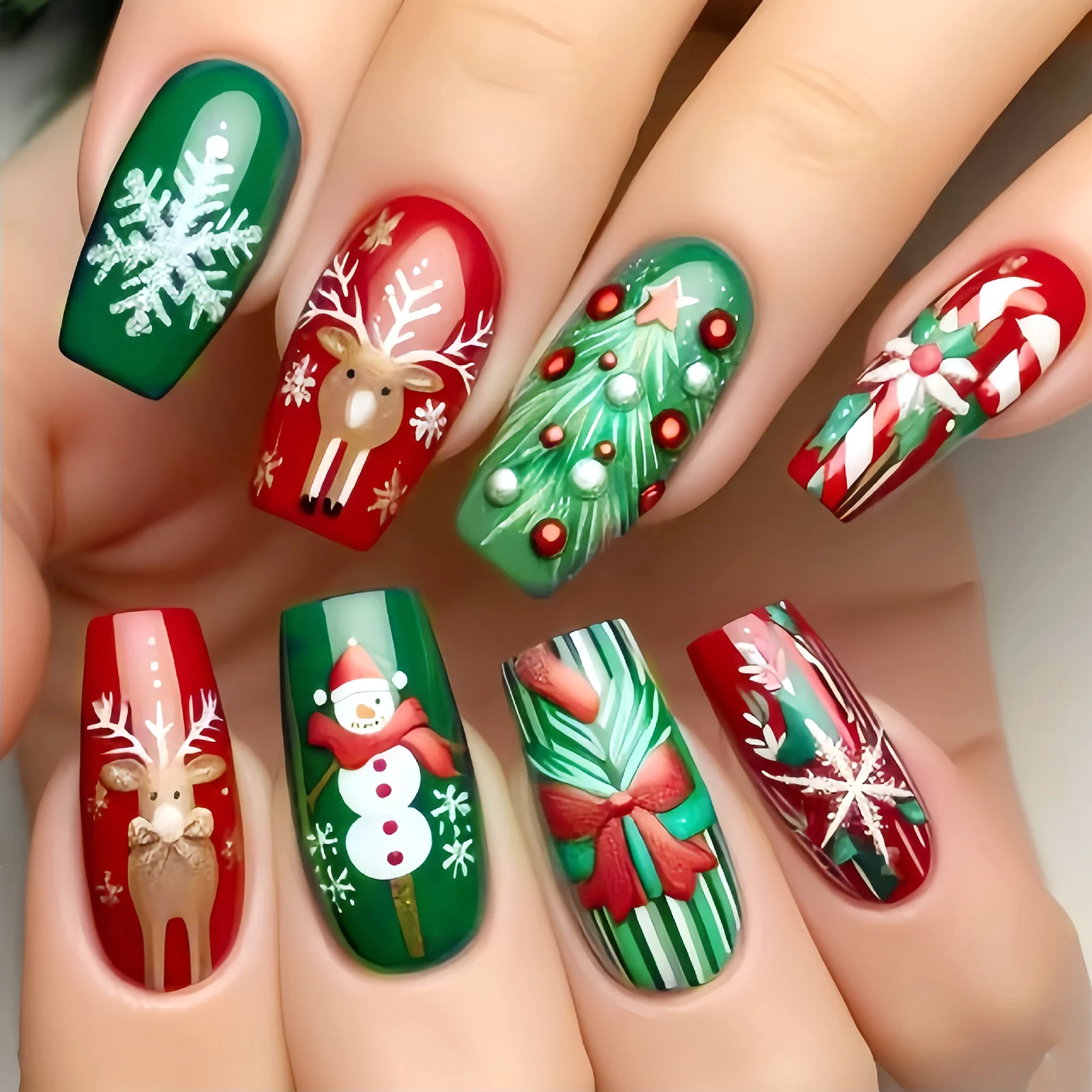 24PCS Christmas Red Green Press on Nails Natural-looking Easy to Take on and Apply for Women and Girl Nail Salon