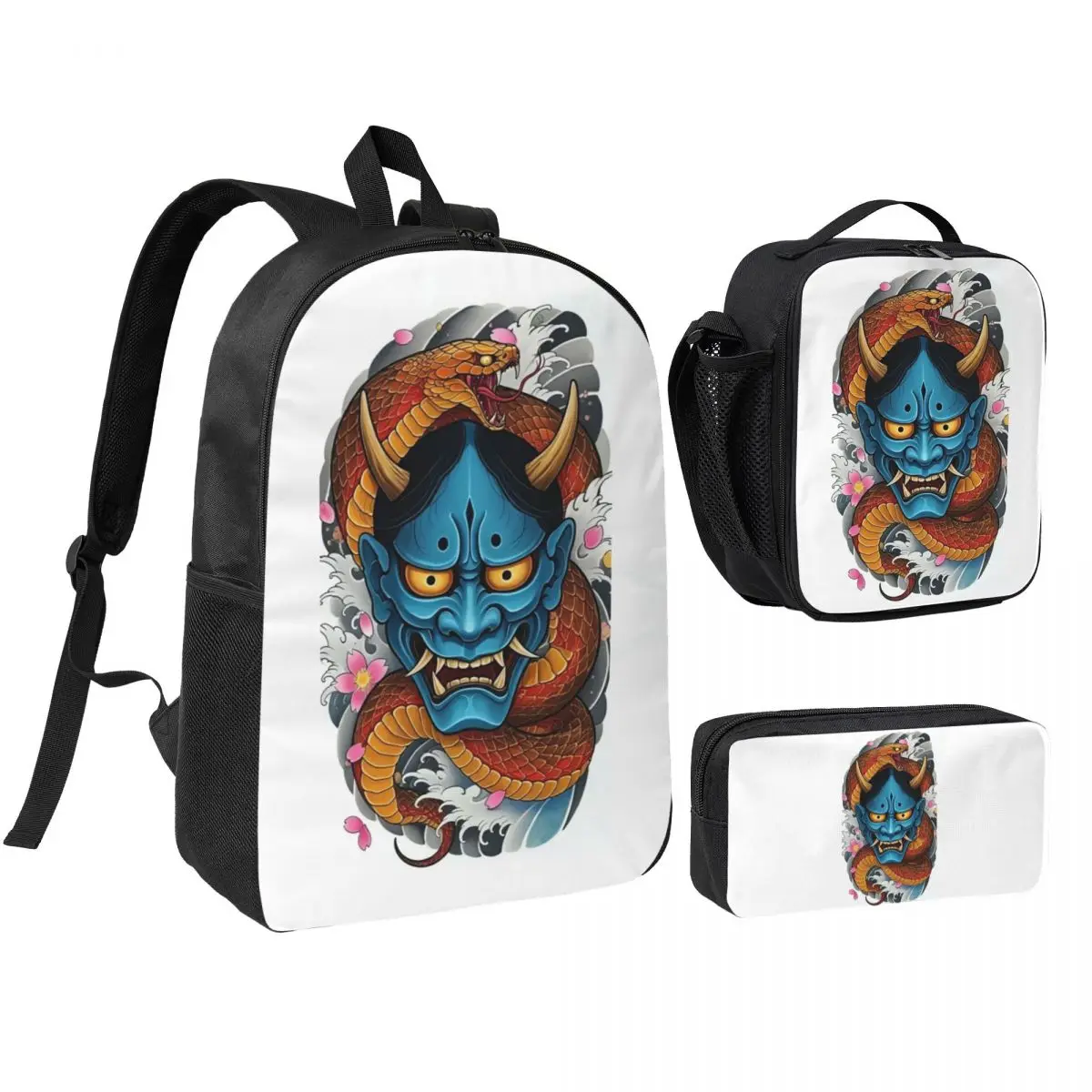 Oni Demon Gaiter Japanese Samurai Ronin Face Backpack BookBag School Bag Shoulder Bags 3ps Insulated Lunch Bag Pencil Case