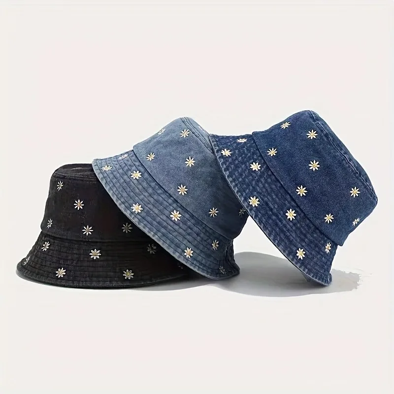 Fashion Women Washed Denim Bucket Hat Floral Embroidery Wide Brim Adjustable Drawstring Foldable Sun Hat Summer Travel Casual