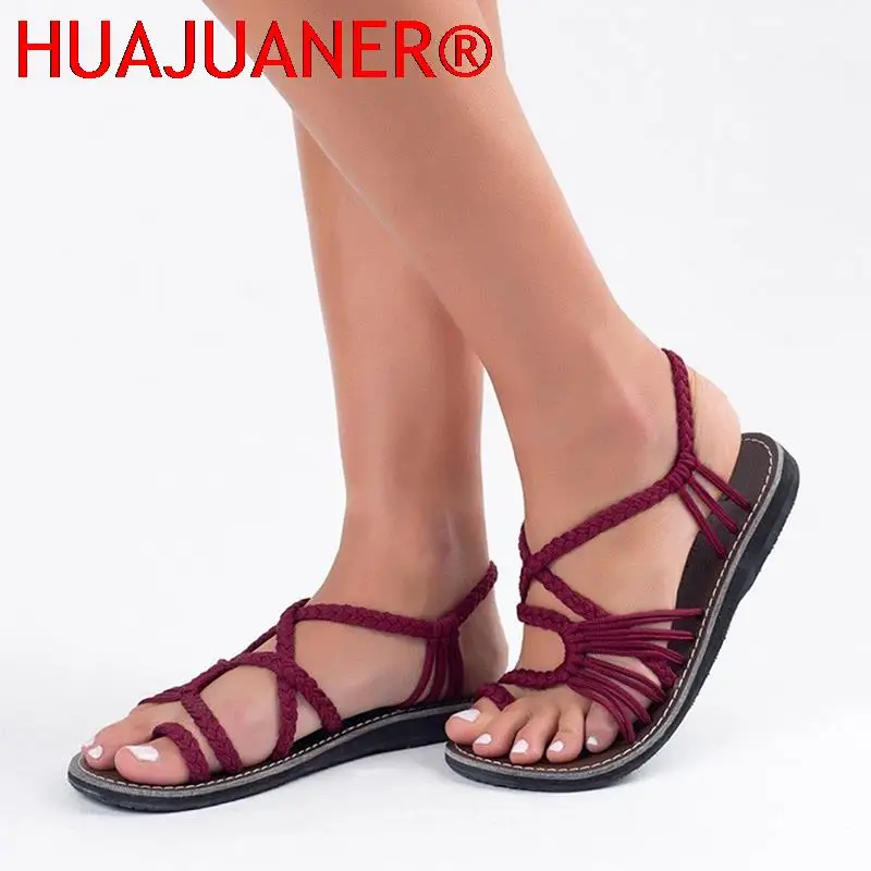 Rome Weaving Women Sandals Open Toe Flats Casual Shoes Summer New Ladies Beach Rope Knot Girls Big Size 35-43