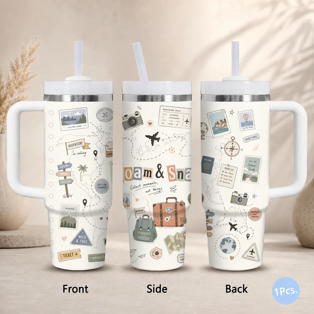 Wander Travel Collage Trip Vacuum Flasks 40oz Stainless Steel Insulated Tumbler With Handle & Straw Leakproof Travel Mug