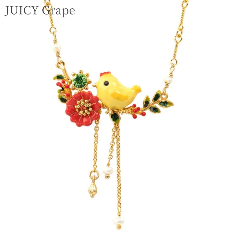 

Juicy Grape Little Yellow Chicken Flower Necklace For Girl Handmade Enamel Necklace 18K Gold Plated Party Birthday Gift for Girl