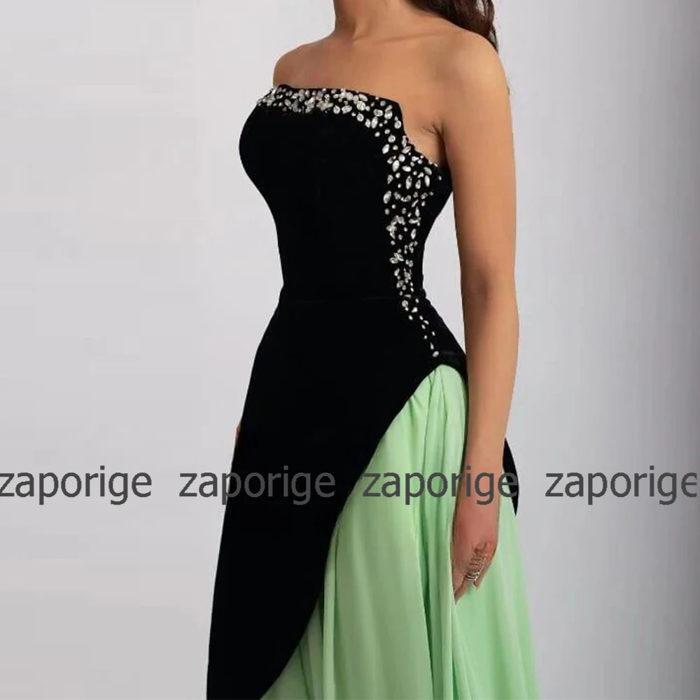 Contrast Color Formal Evening Dress Jersey&Chiffon Black And Mint Ruched Rhinestone Evening Dress A-line Strapless Long Dresses