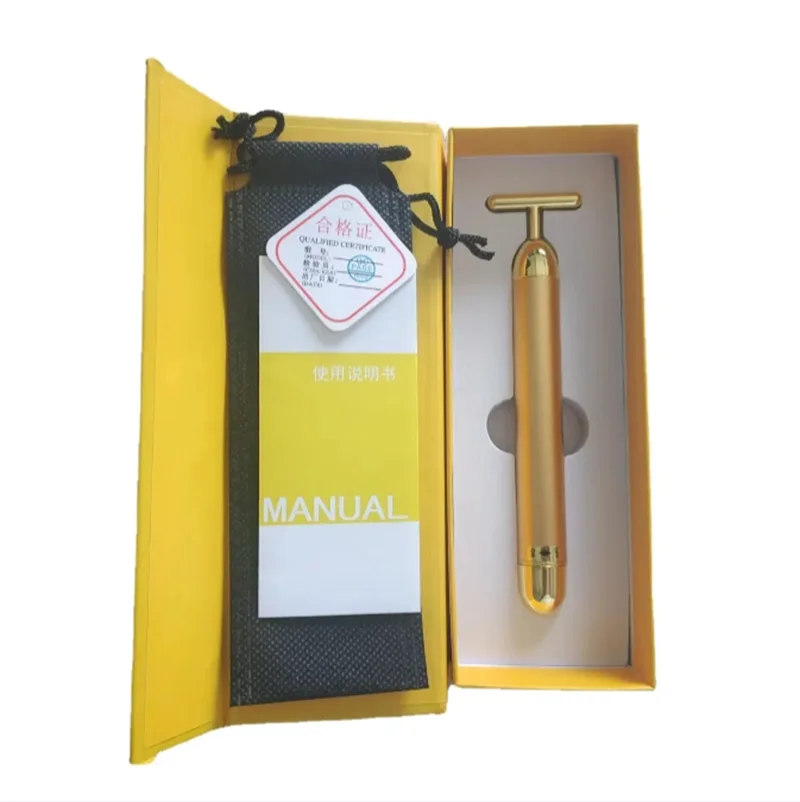 24K Electric Face Slimming Facial Massager T-Shape Vibrating Beauty Bar  Rod Golden Stick Tightening Skin Electric Massage Rolle