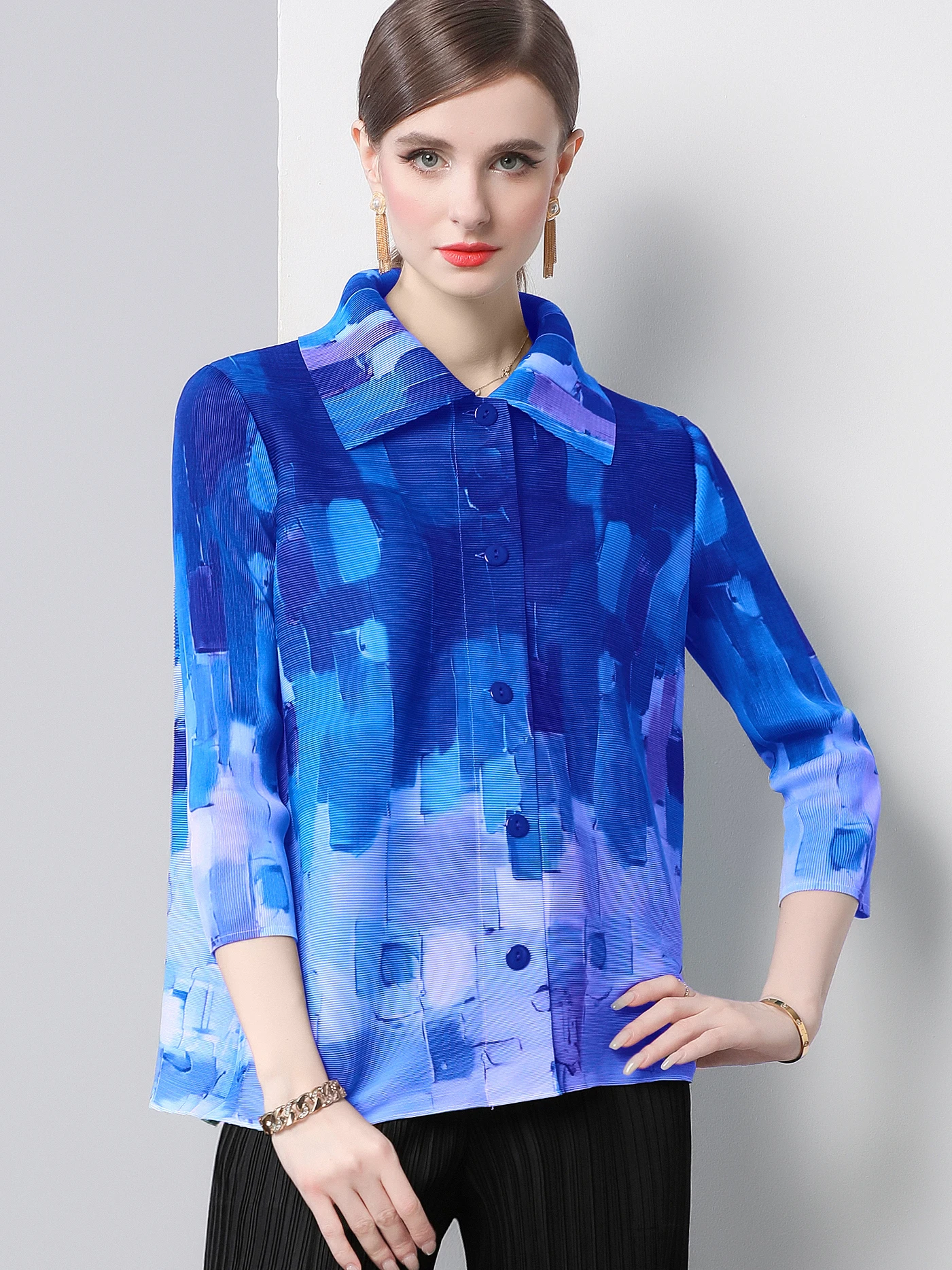 

adual Print Pleated Loose Women's Jaet Spring New Sle irt Cardigan Turn-down Collar plus Size Polyester Fiber Blouse