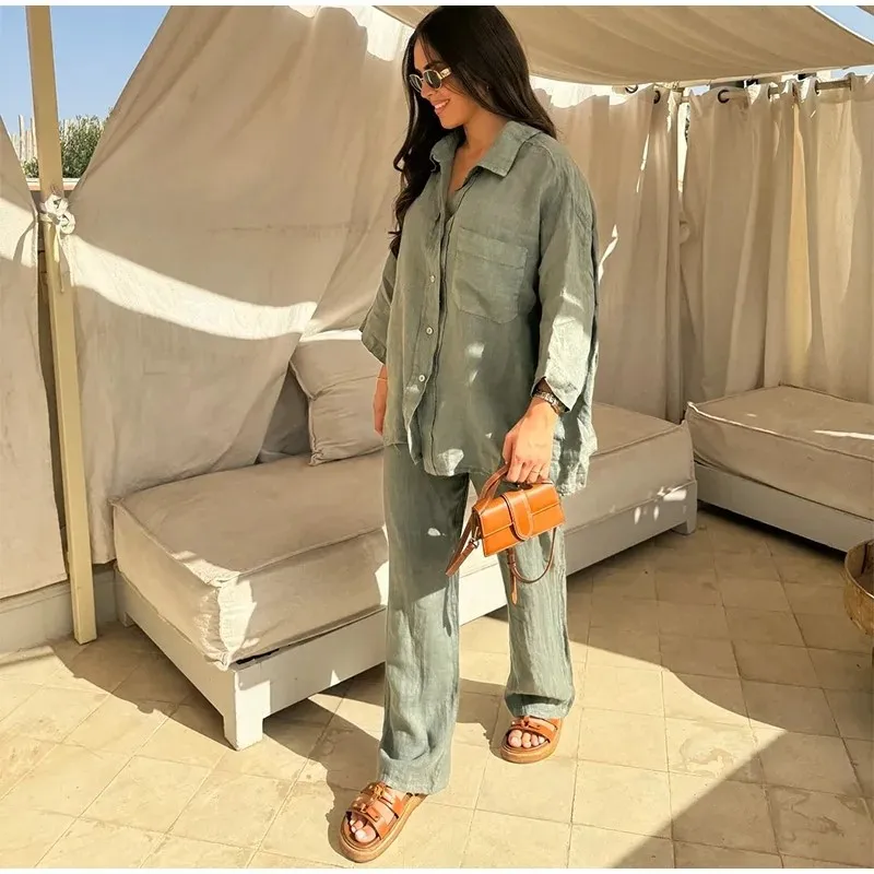 Fashion With Pocket Two Piece Set For Women 2024 New Loose Casual Shirt & Wide Leg Pant Sets Solid Female Vacation Outfits
